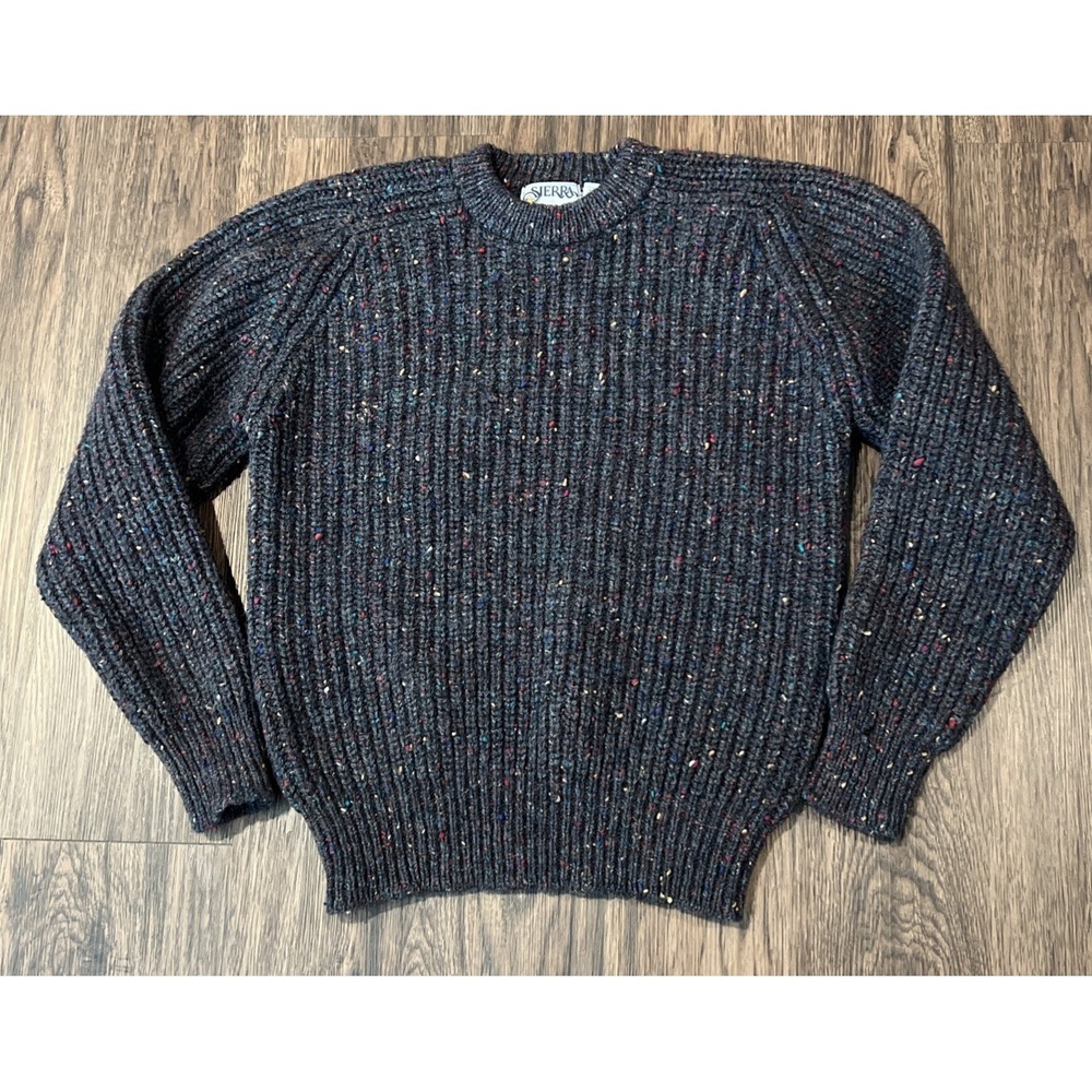 Sierra Mens Vintage 100% Wool Chunky Knit Confetti Sweater Charcoal Grey Medium